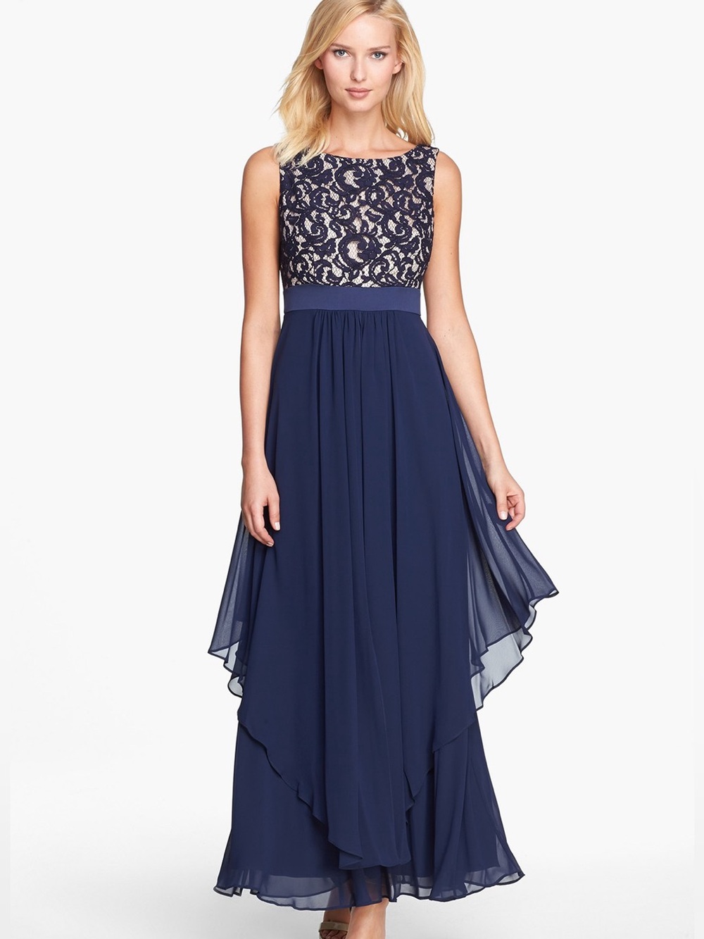 Eliza J Size 8 Navy Blue Lace Chiffon Maxi Evening Gown Formal Dress